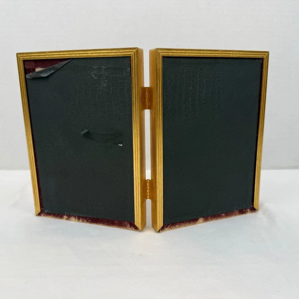 Vintage Gold Tone Metal Double Folding Picture Frame Ornate Bifold 5x7 Portrait